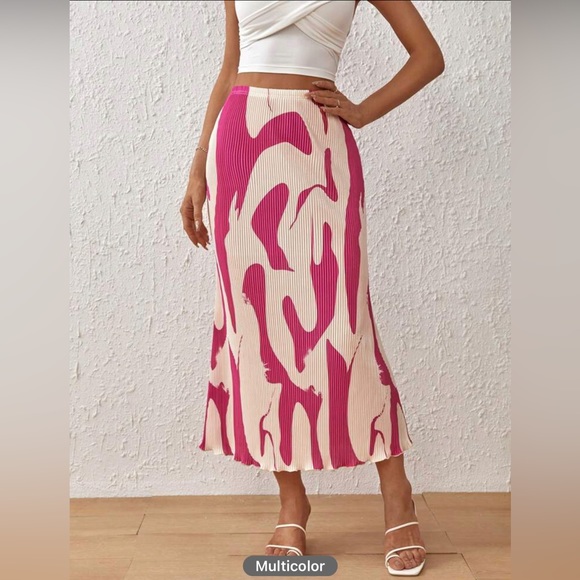 Women’s High Waist Graphic A Line Pleated Lettuce Trim Mermaid Hem Skirt *NEW* - Picture 1 of 6